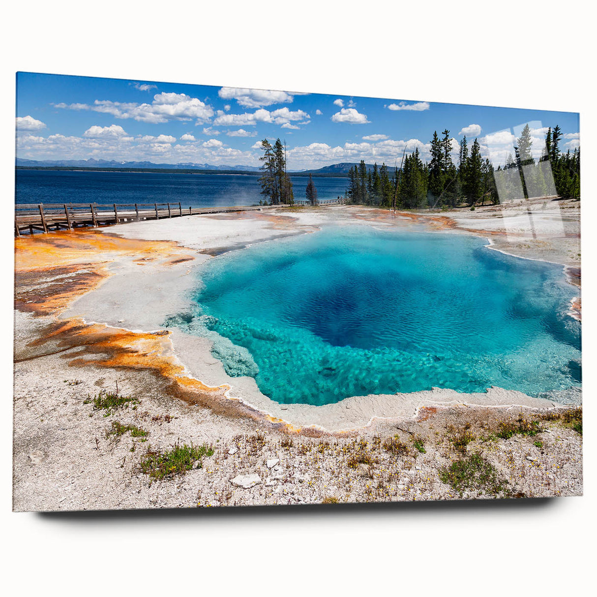 Acrylic glass wall art featuring a stunning geyser landscape design, showcasing vibrant colors and intricate details, perfect for enhancing modern home decor.