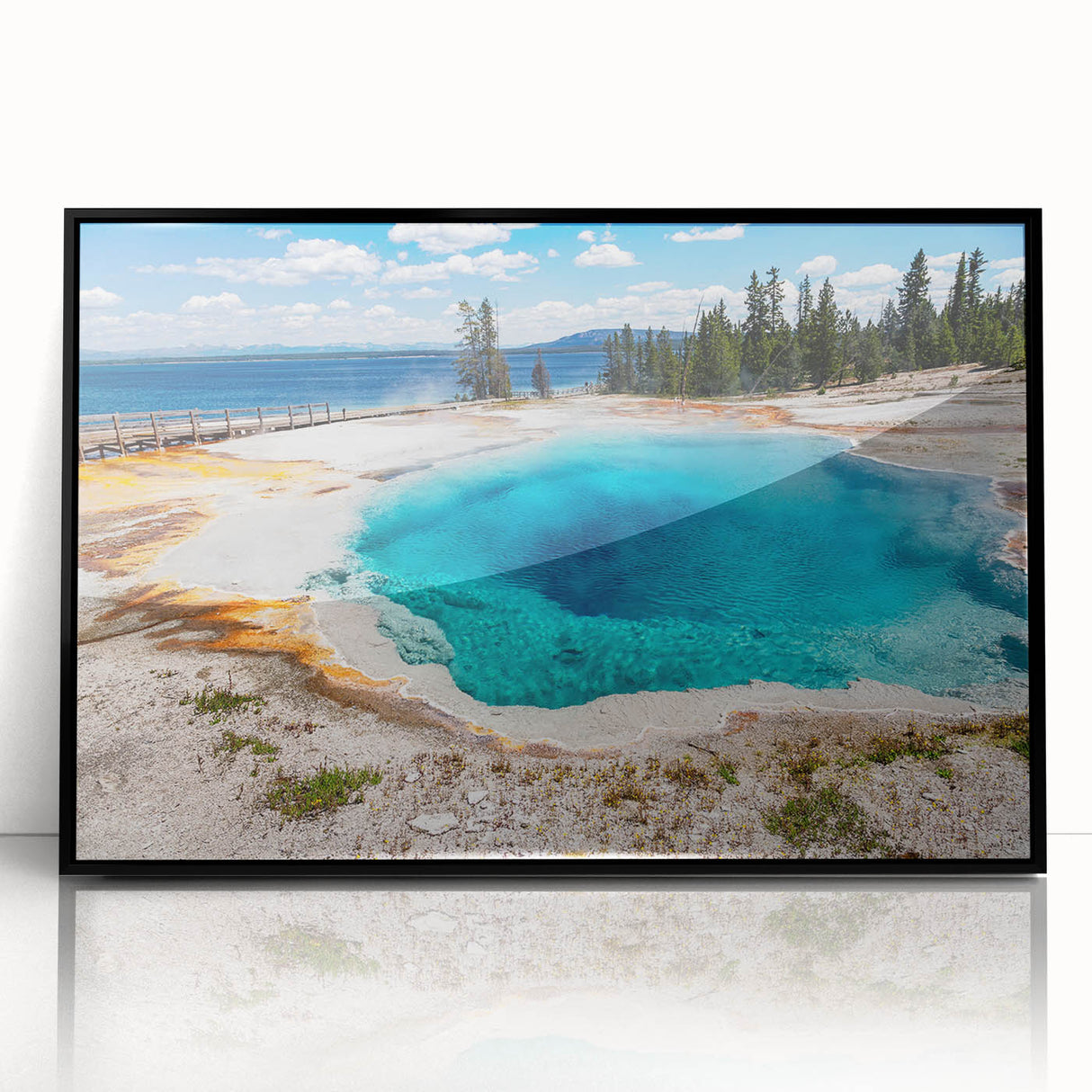 Framed acrylic wall art showcasing a stunning geyser landscape design, featuring vibrant colors and a sleek black frame, perfect for modern home decor.
