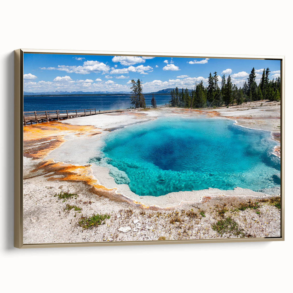 Framed canvas wall art showcasing a stunning geyser landscape design in rich colors, accented with a luxurious gold frame, ideal for modern home decor.