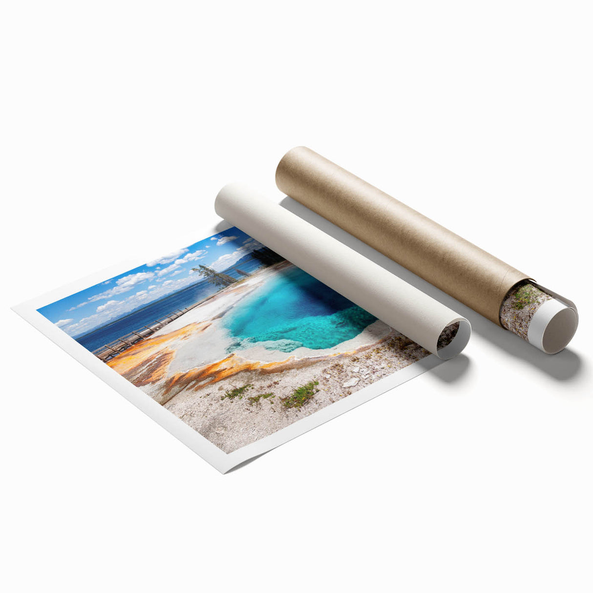 Geyser landscape wall art print showcasing vibrant colors and intricate details, rolled for easy transport and display, ideal for modern home decor.