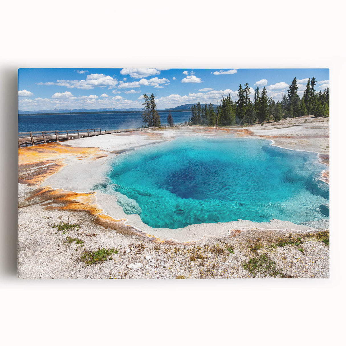 Stretched canvas wall art featuring a vibrant geyser landscape design, showcasing rich colors and intricate details, perfect for enhancing modern home decor.