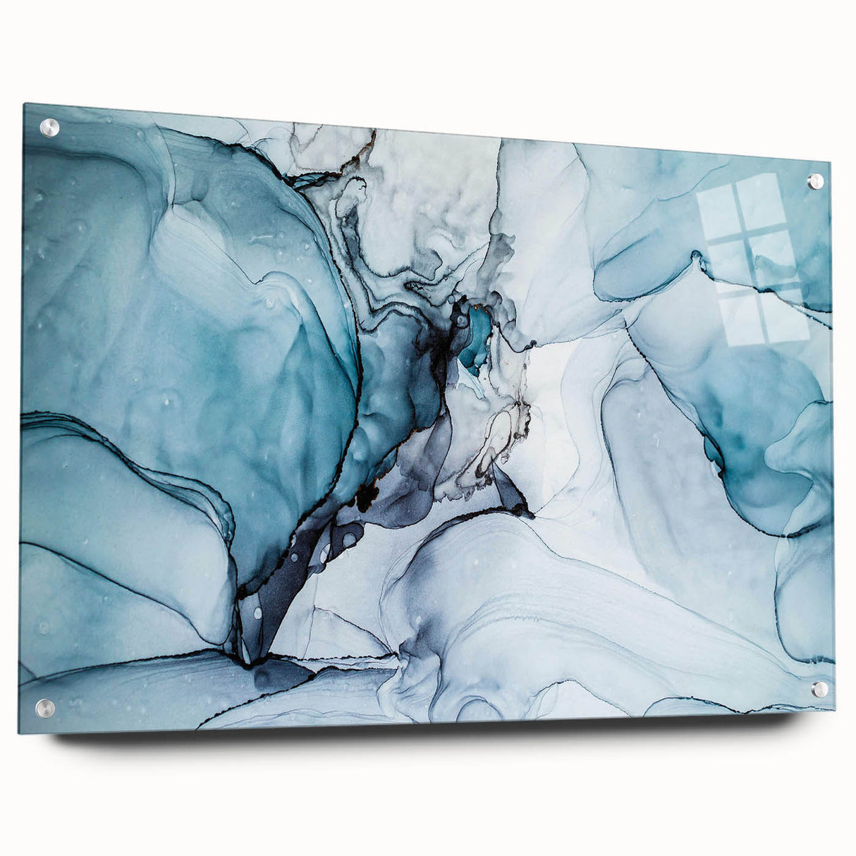 Acrylic glass wall art featuring a stunning glacier landscape design, showcasing vibrant blues and whites, elegantly displayed with pins for a modern aesthetic.