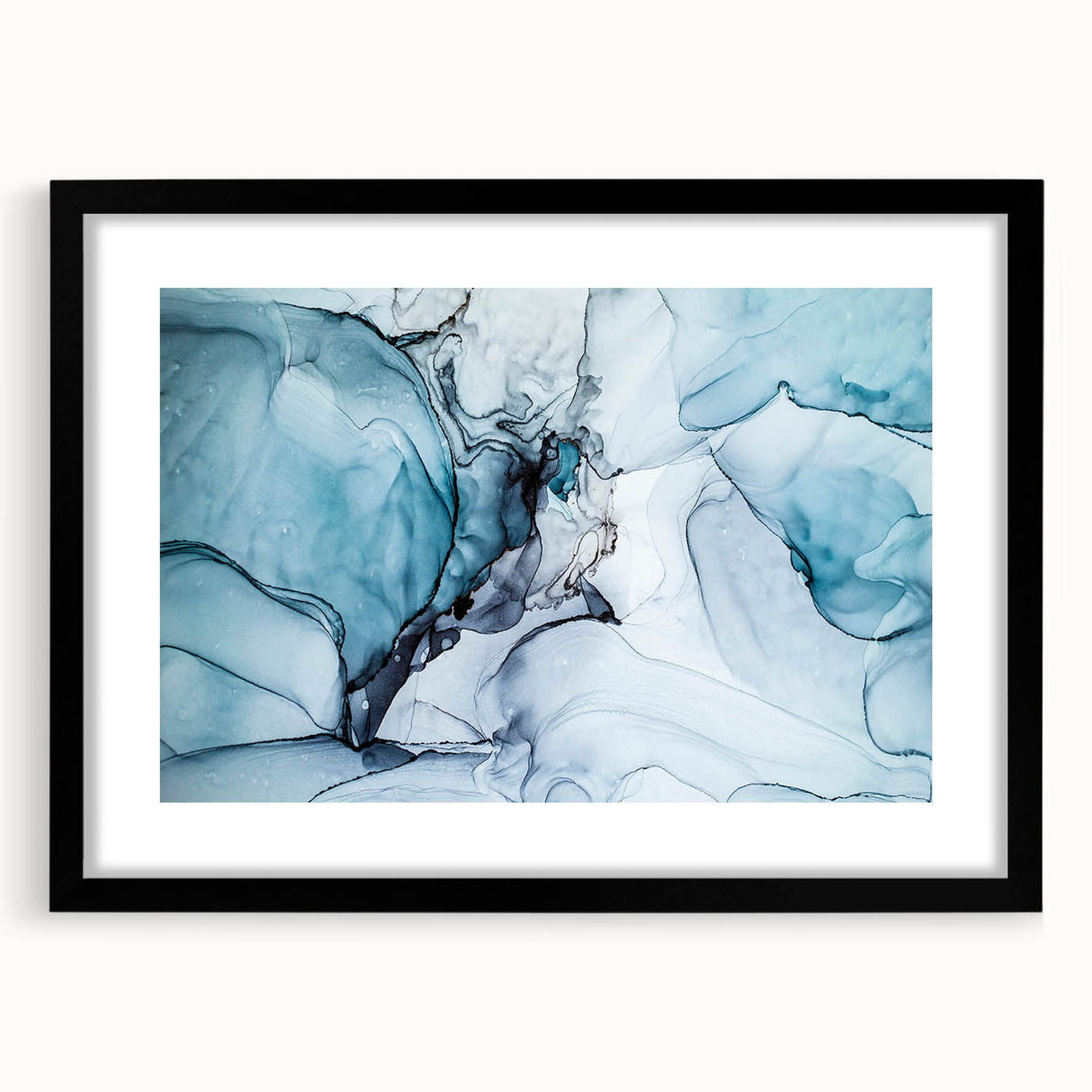 Framed landscape wall art featuring a serene glacier scene, showcasing vibrant blues and whites, with a black mat and frame, perfect for contemporary decor.