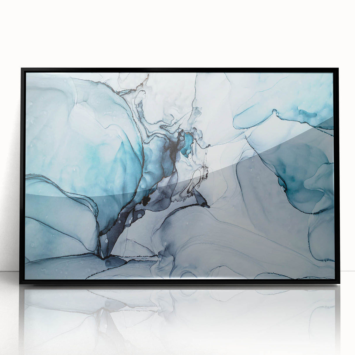 Framed acrylic wall art featuring a stunning glacier landscape design, presented in a sleek black frame, perfect for modern home decor and nature enthusiasts.