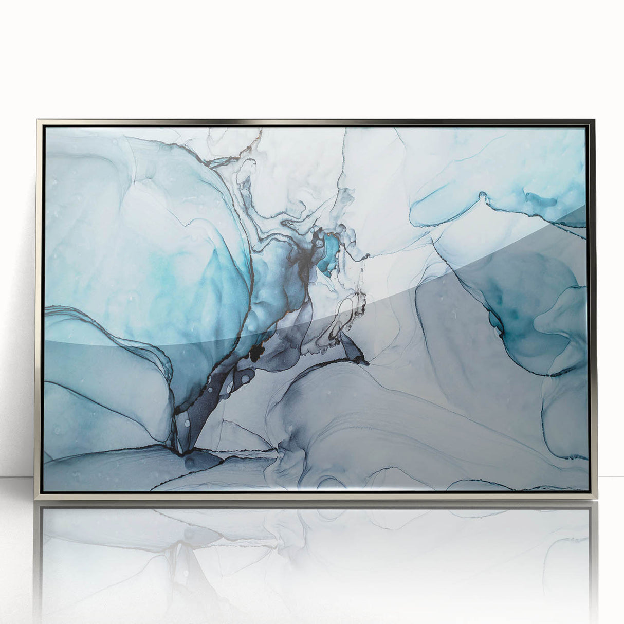Framed acrylic wall art showcasing a stunning glacier landscape design with silver accents, perfect for modern home decor and enhancing interior aesthetics.