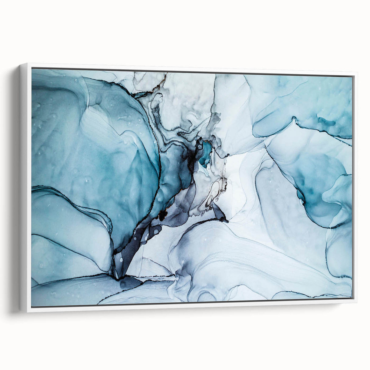 Framed canvas wall art depicting a stunning glacier landscape design, featuring vibrant cool colors and intricate details, perfect for modern home decor.