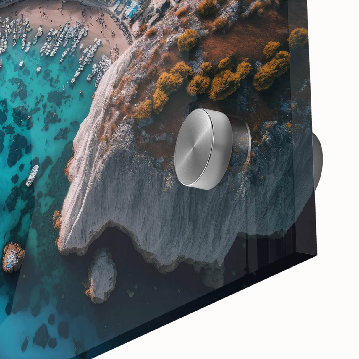 Close-up of a vibrant acrylic glass wall art piece showcasing a serene harbor landscape with intricate details, perfect for modern home decor.