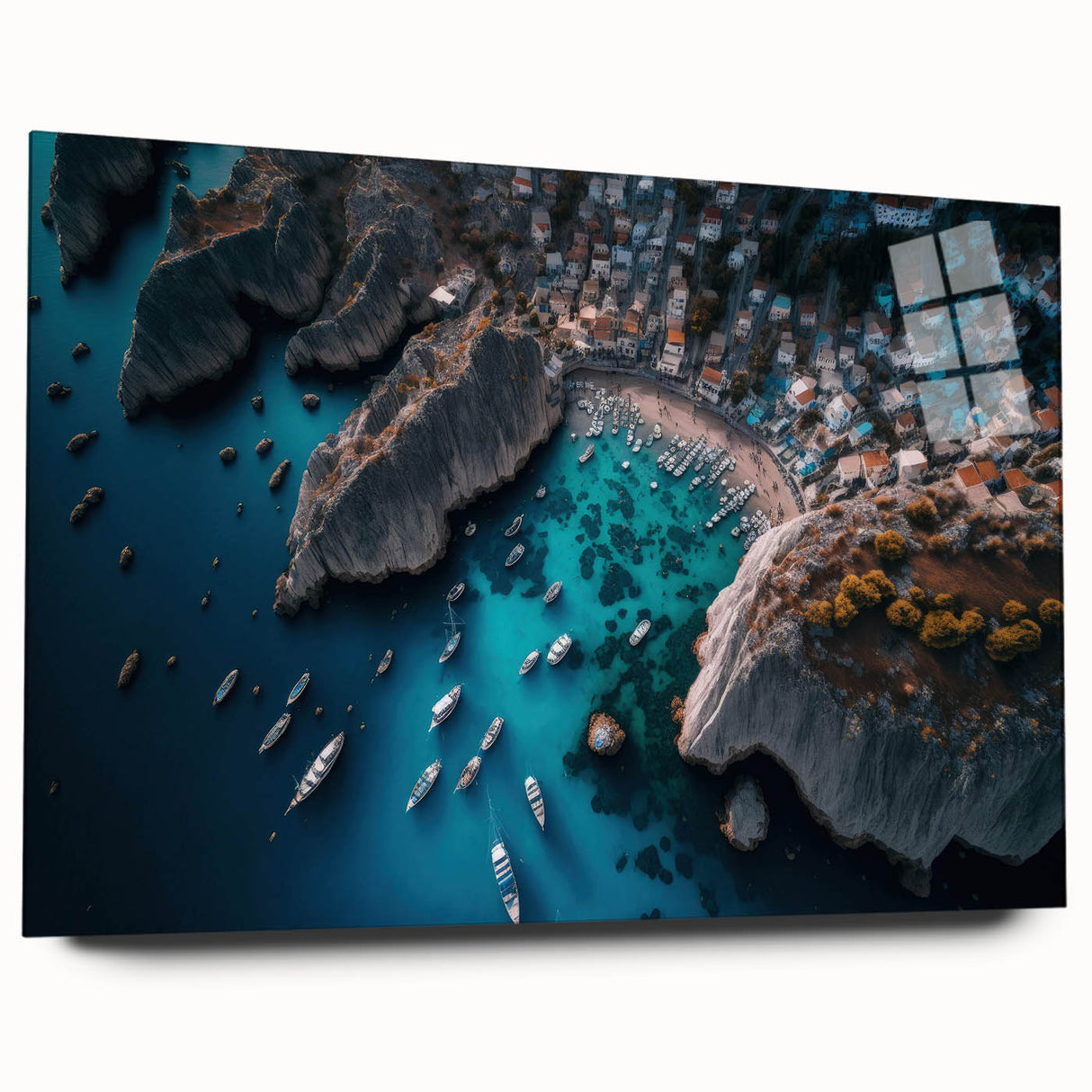 Side view of a contemporary acrylic glass wall art piece depicting a serene harbor landscape, showcasing vibrant colors and intricate design details, perfect for modern home decor.