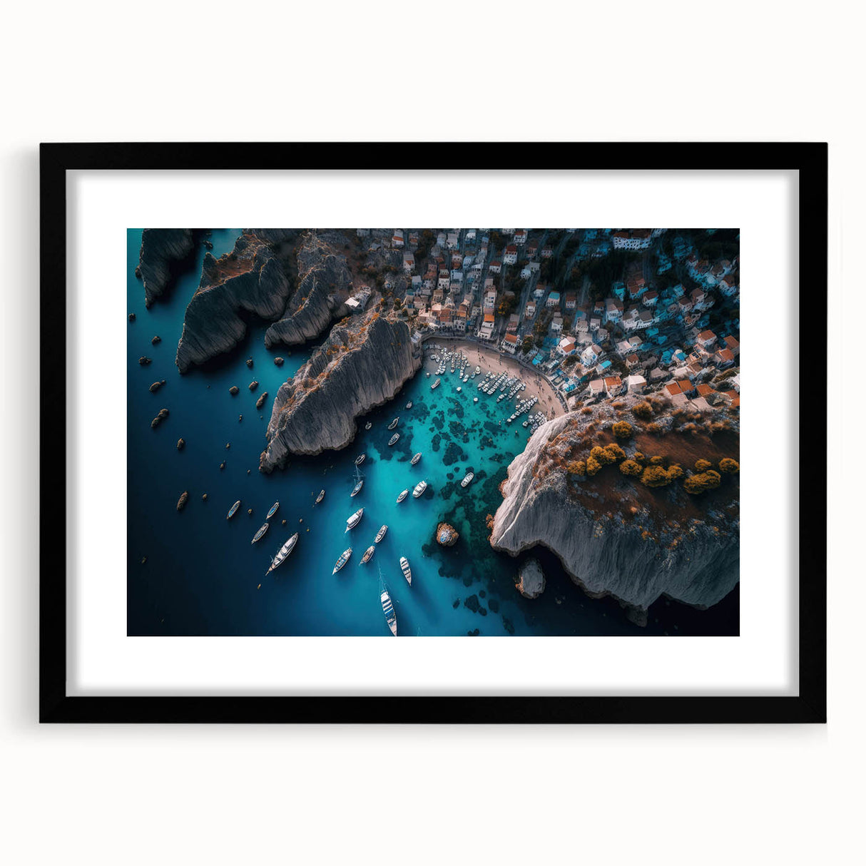 Framed wall art featuring a serene harbor landscape design, showcasing vibrant colors and intricate details, set against a sleek black frame with a mat. Perfect for adding a touch of elegance to any room decor.