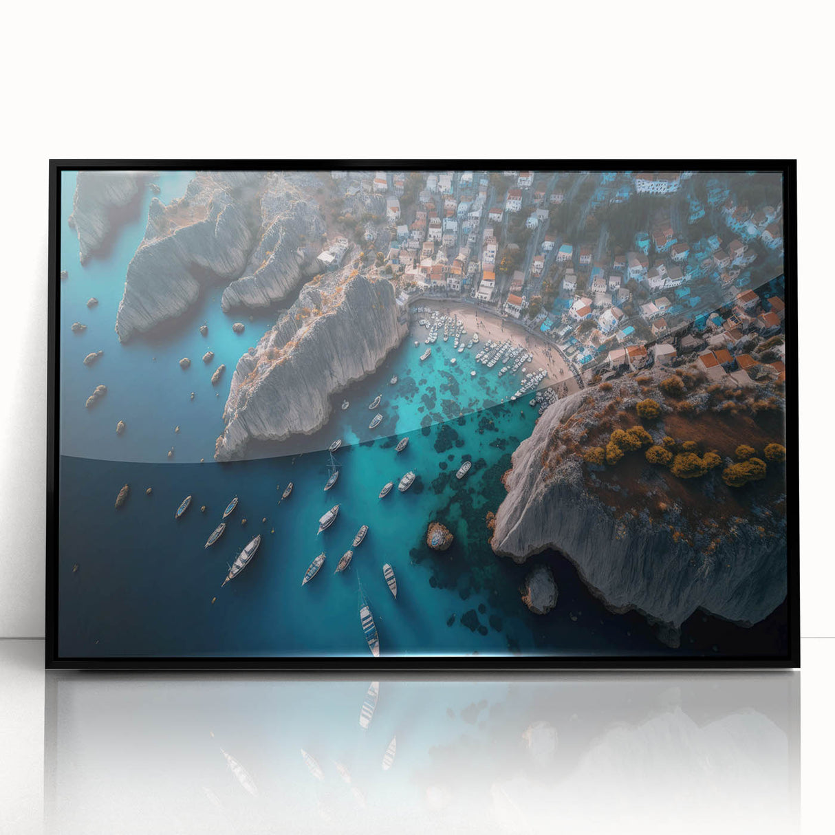 Framed acrylic wall art featuring a serene harbor landscape design with vibrant colors, elegantly displayed in a sleek black frame, perfect for modern home decor.