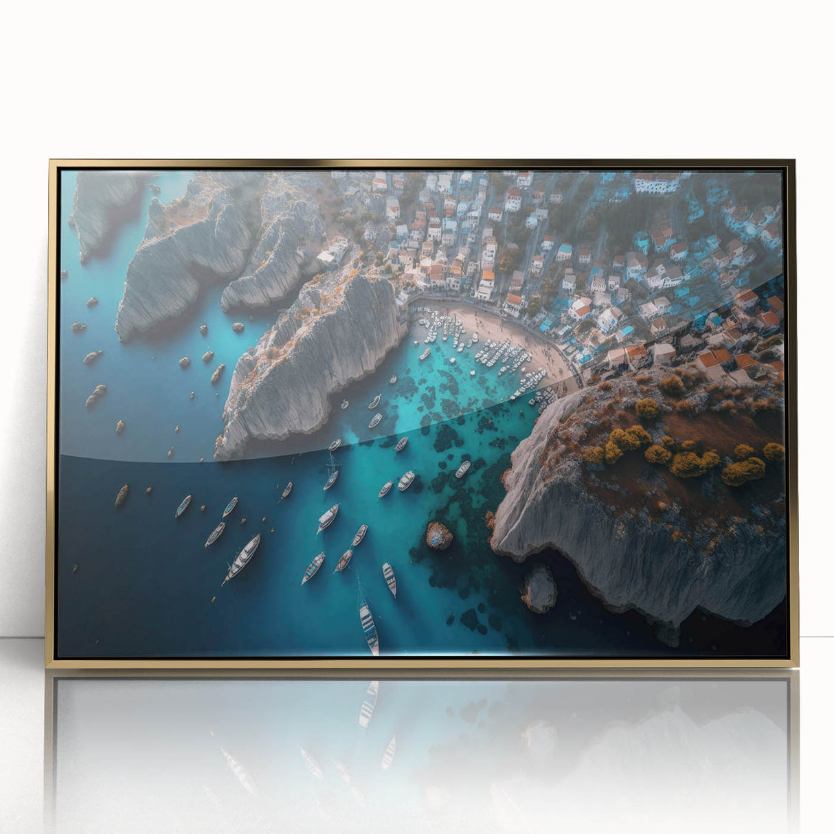 Framed acrylic wall art of a serene harbor landscape with golden accents, showcasing tranquil water reflections and lush greenery, ideal for modern decor.