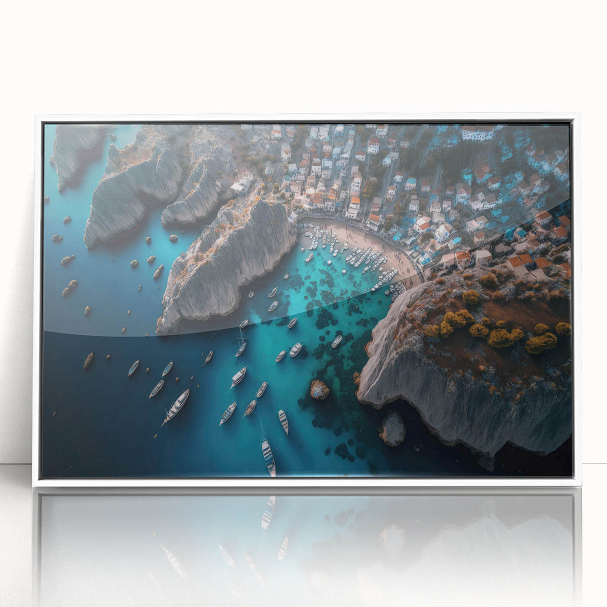 Framed acrylic wall art showcasing a serene harbor landscape design presented in a modern white frame, ideal for enhancing home decor with coastal elegance.