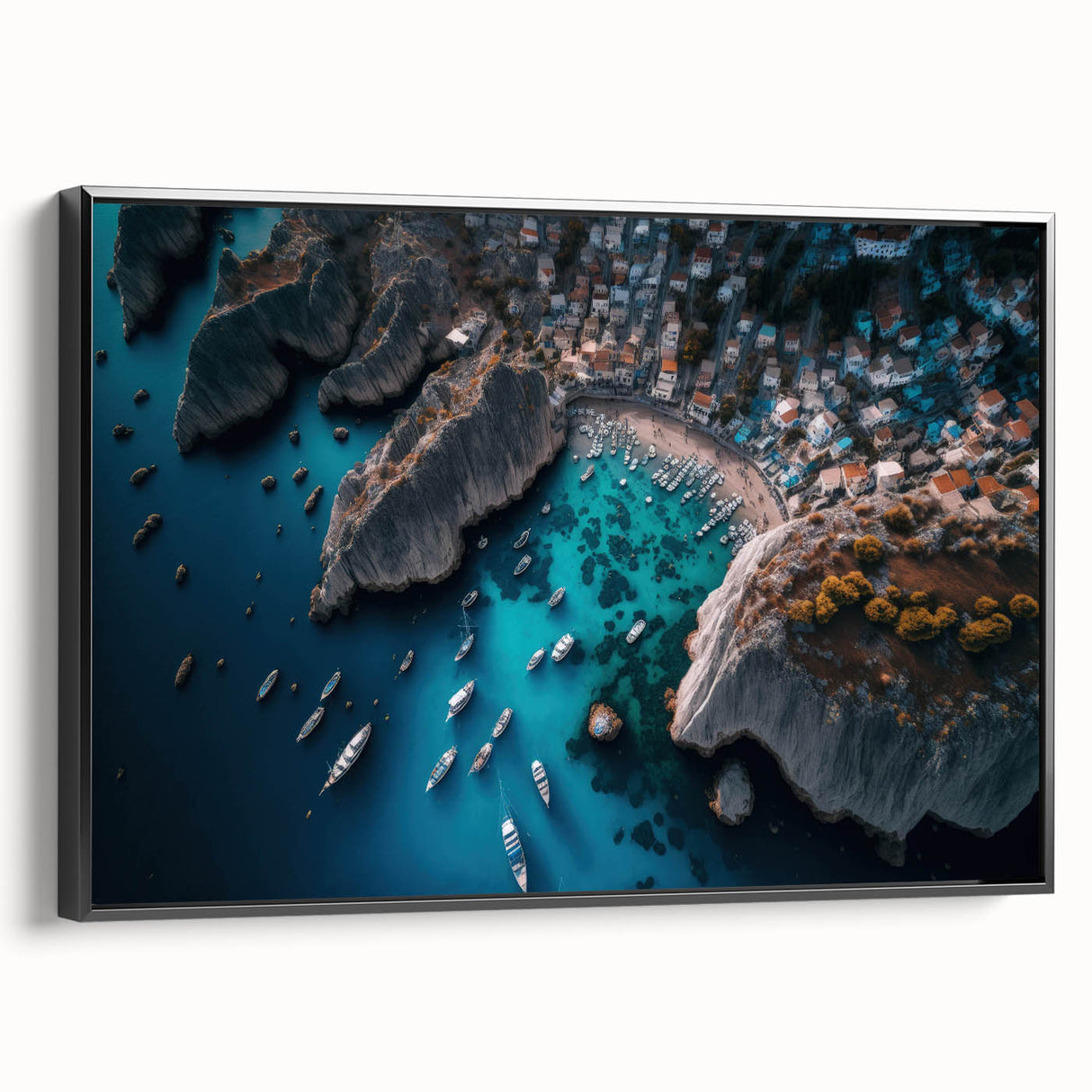 Framed canvas wall art depicting a serene harbor landscape design with vibrant colors, showcasing a black frame and side view for modern decor appeal.