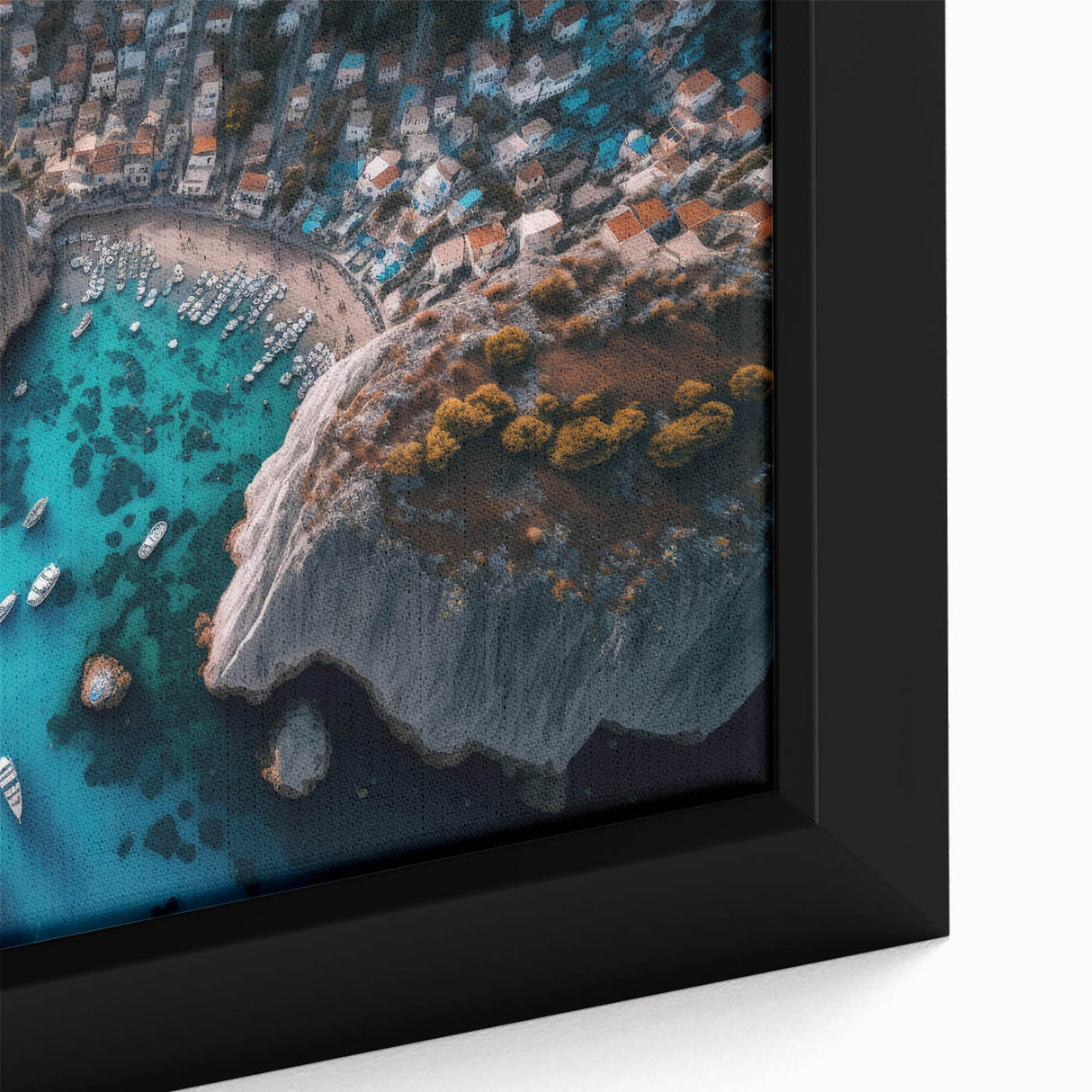 Framed canvas wall art showcasing a serene harbor landscape design with rich blues and greens, ideal for enhancing home decor and creating a calming atmosphere.