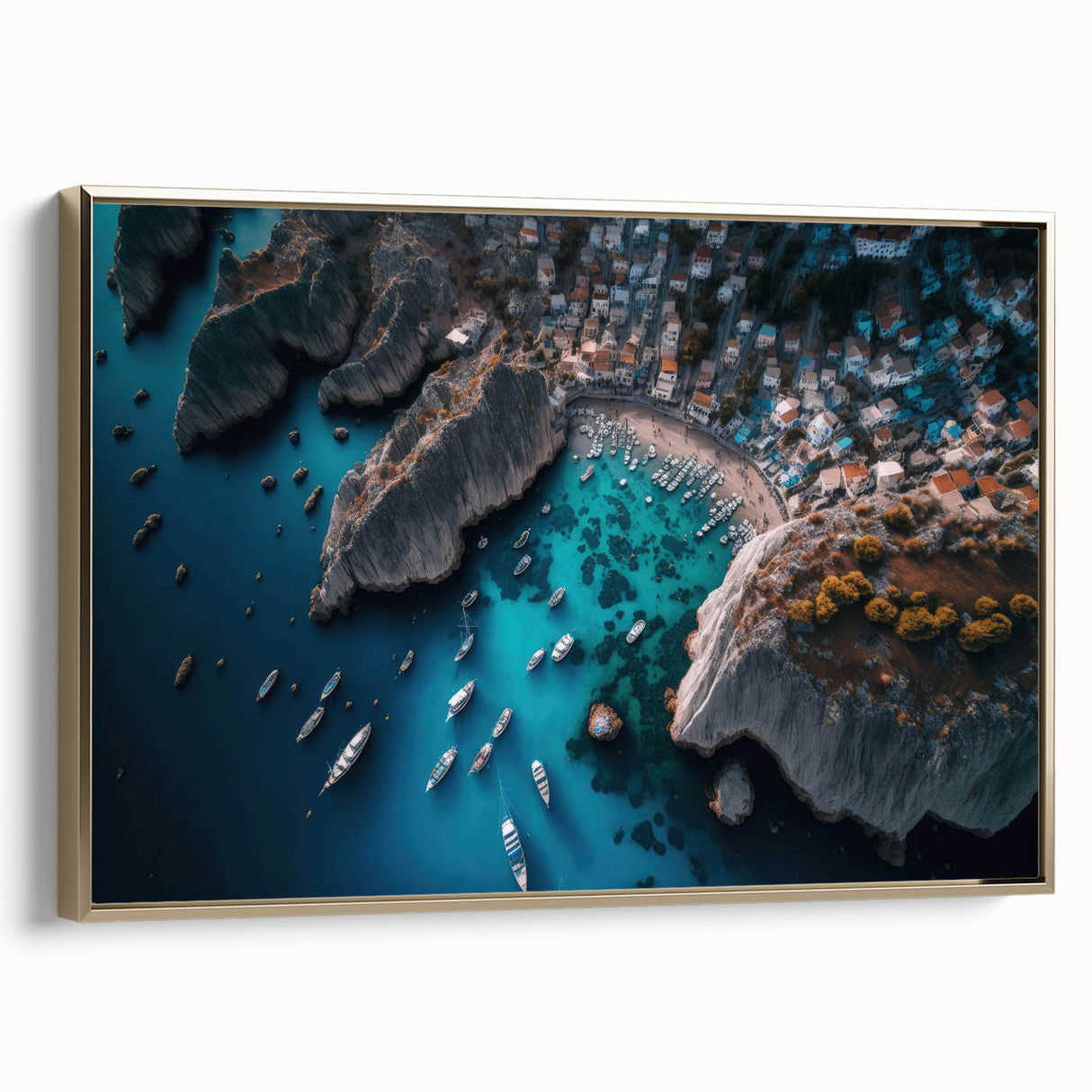 Framed canvas wall art depicting a serene harbor landscape with golden accents, showcasing intricate details and vibrant colors, perfect for coastal-themed decor.