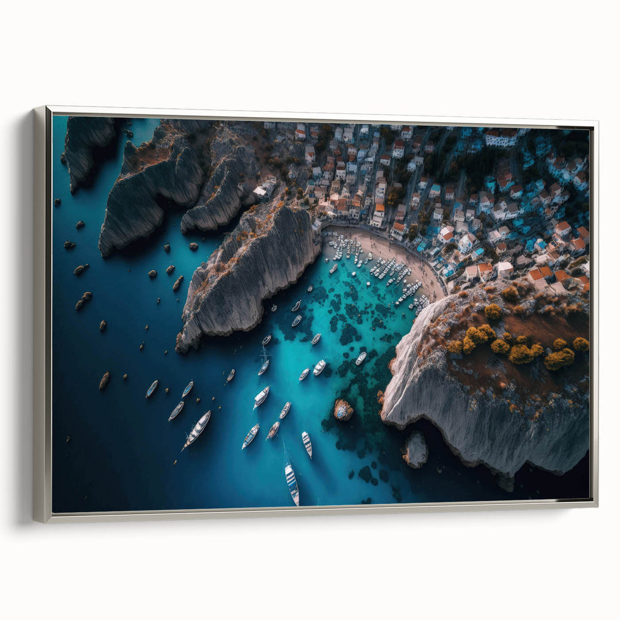 Framed canvas wall art showcasing a serene harbor landscape design with vibrant colors and silver frame, ideal for home decor in modern interiors.