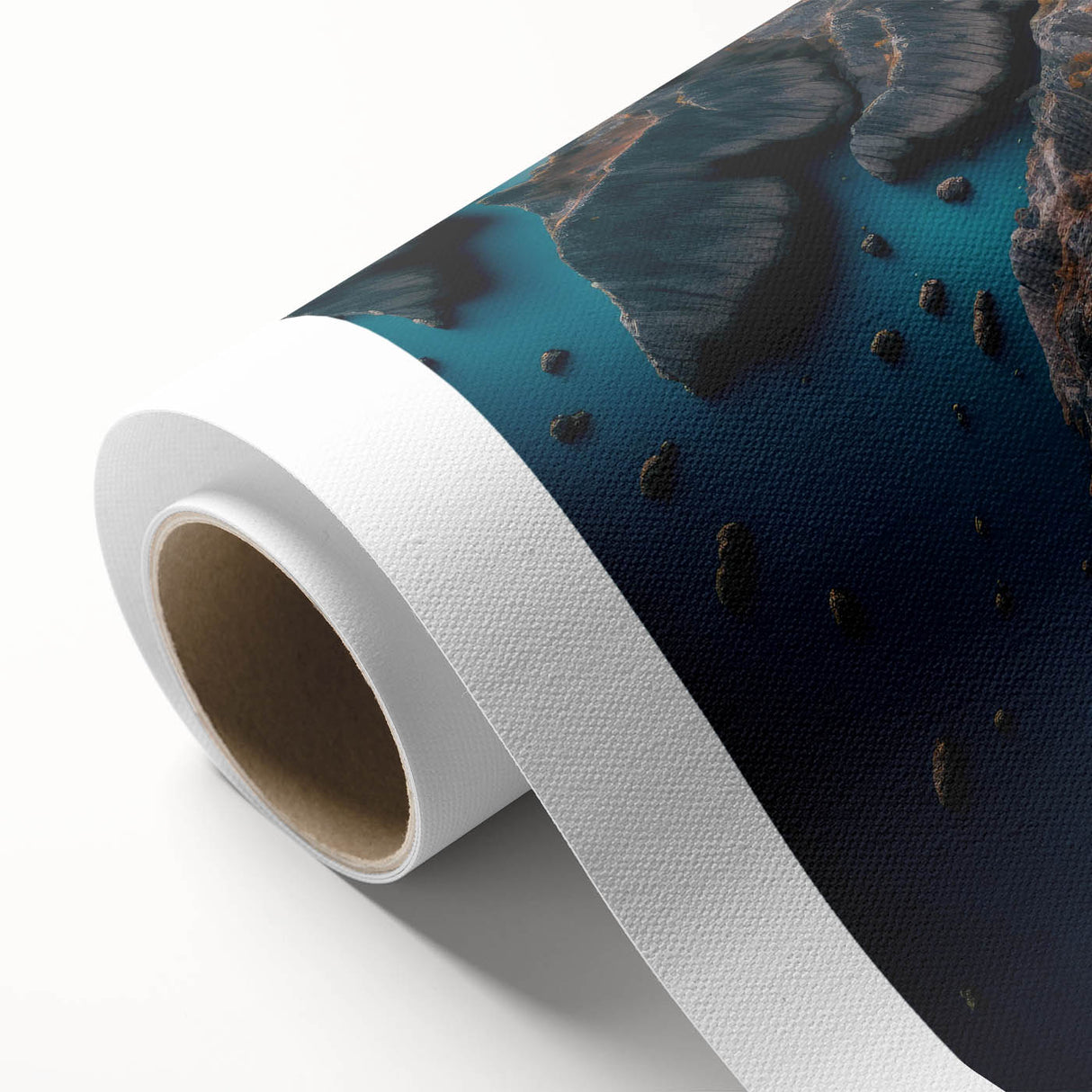 Vibrant rolled canvas print showcasing a serene harbor landscape design, featuring rich blues and greens, ideal for enhancing home decor. Perfectly packaged in a protective cardboard tube.