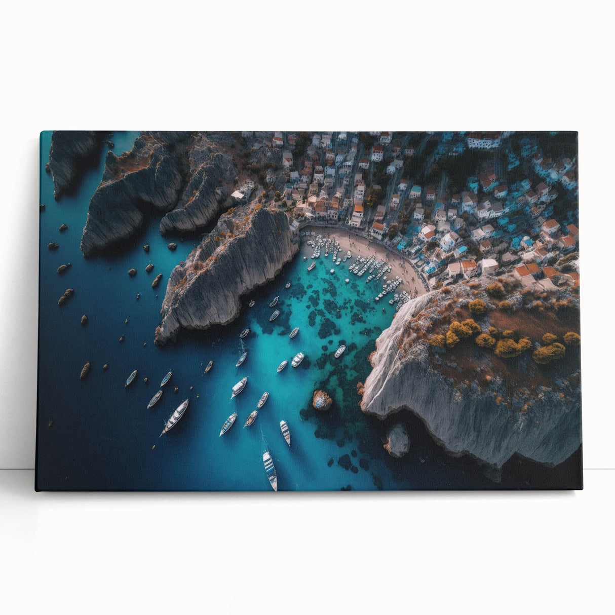 Stretched canvas wall art featuring a serene harbor landscape with vibrant colors, leaning against a neutral wall, perfect for home decor and ambiance enhancement.