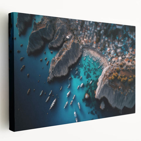Stretched canvas wall art showcasing a serene harbor landscape in vibrant blues and greens, perfect for enhancing home decor with a tranquil coastal vibe.
