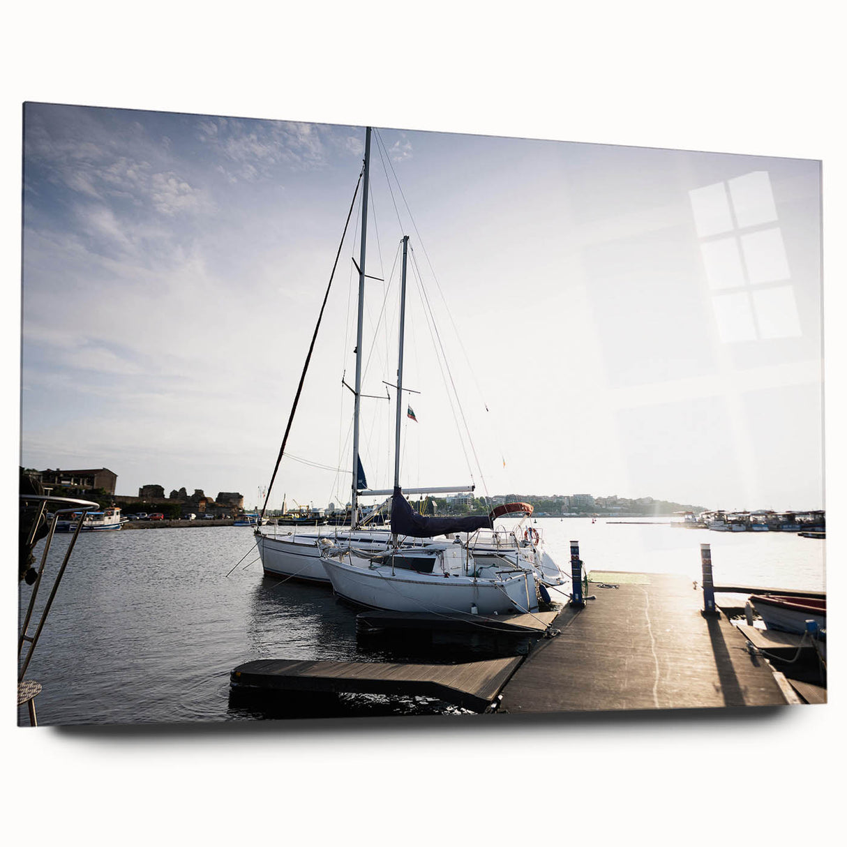 Acrylic glass wall art piece showcasing a vibrant harbor landscape design, featuring a side view without pins, perfect for adding a modern touch to home decor.