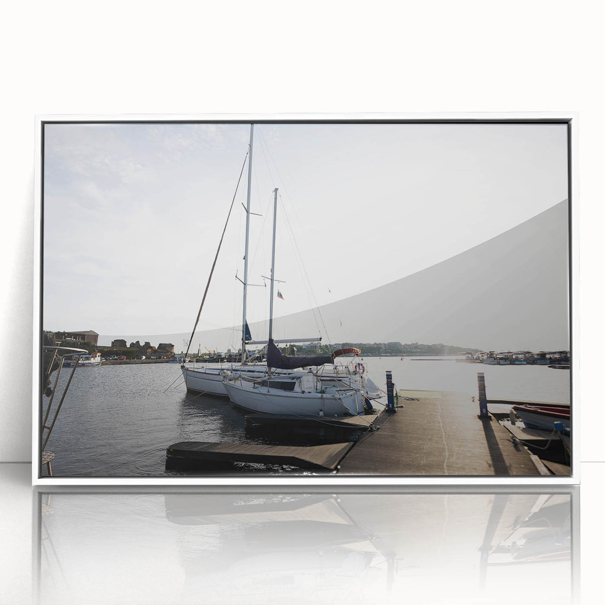 Framed wall art collection showcasing a serene harbor landscape design with vibrant colors and acrylic finish, perfect for enhancing modern home decor.