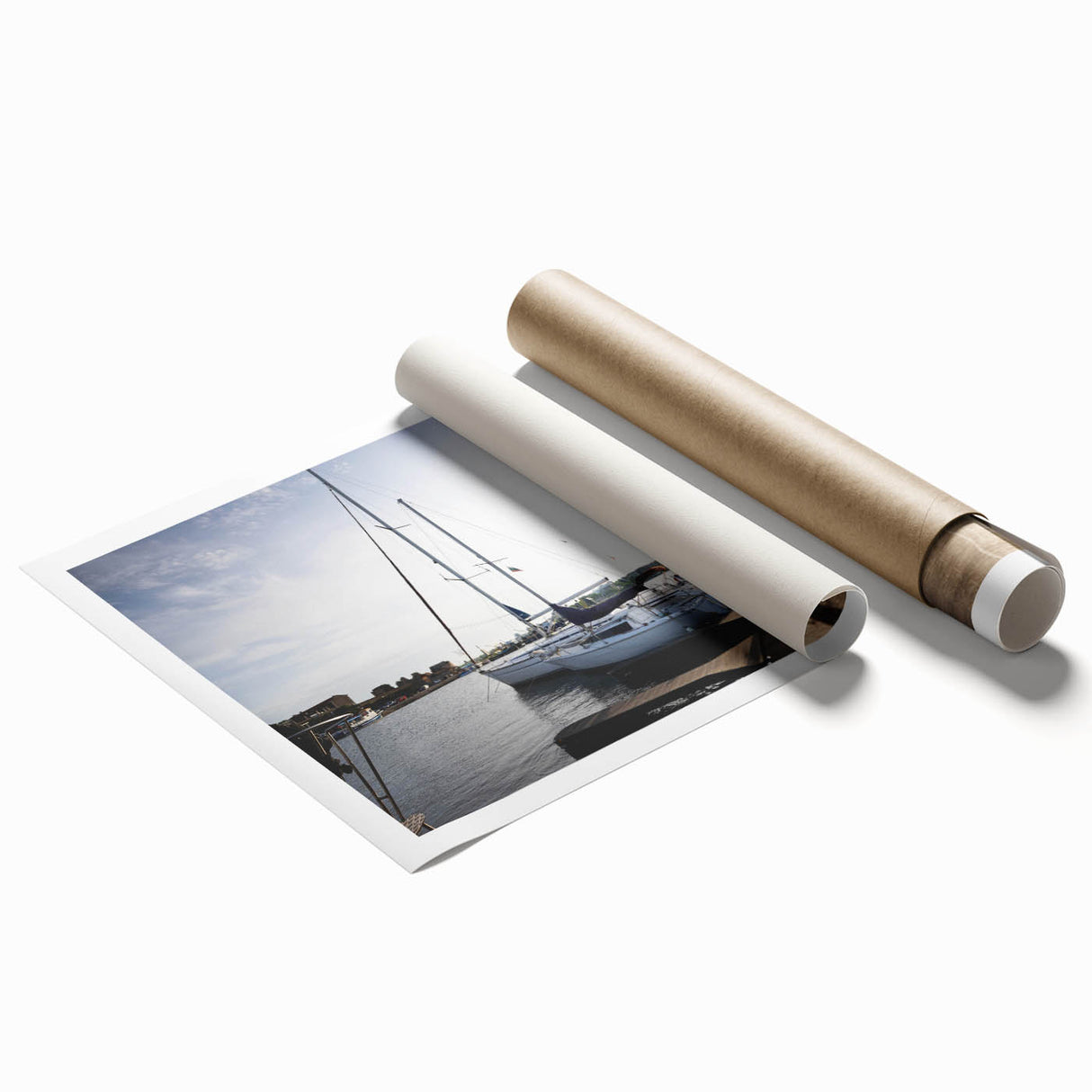 Rolled canvas print showcasing a serene harbor landscape design, featuring vibrant colors and intricate details, ideal for home decor and artistic inspiration.