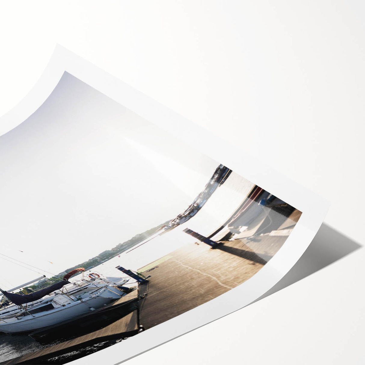 Vibrant rolled canvas print showcasing a serene harbor landscape design in soothing blue and green tones, ideal for home decor or artistic display. Perfect for enhancing coastal-themed interiors.