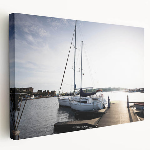 Stretched canvas wall art showcasing a vibrant harbor landscape design, featuring rich colors and intricate details, perfect for enhancing home decor aesthetics.