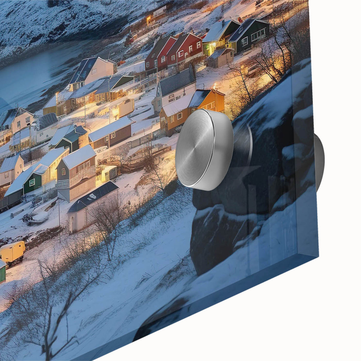 Close-up of an elegant acrylic glass wall art piece showcasing a vibrant harbor landscape, featuring rich colors and intricate details, perfect for modern decor.