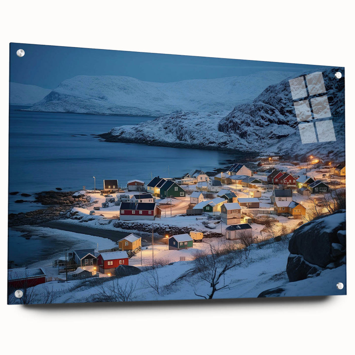 Acrylic glass wall art collection showcasing a vibrant harbor landscape design, viewed from the side, elegantly displayed with decorative pins. Perfect for modern decor.