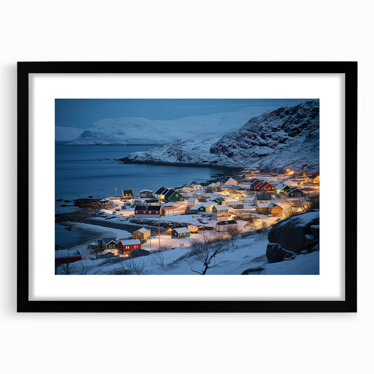Framed black wall art featuring a serene harbor landscape design, showcasing vibrant colors and intricate details, perfect for home decor enhancement.