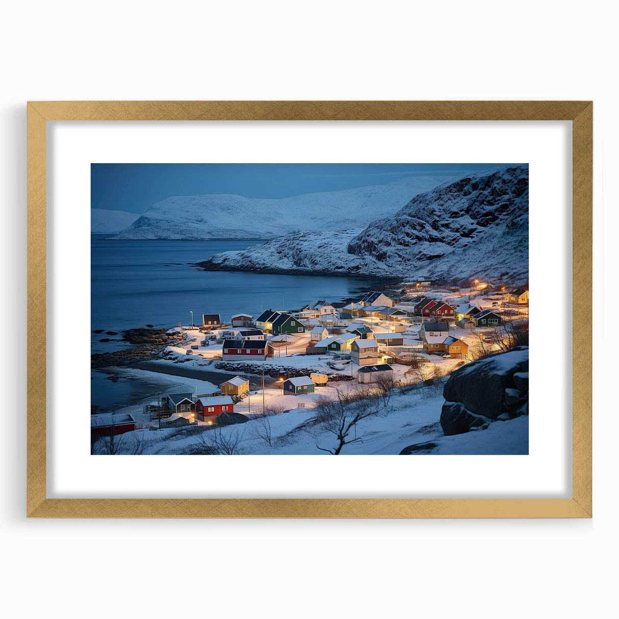 Framed wall art from the Landscapes Harbor Design 31 collection, featuring a serene coastal scene with vibrant colors, set in a gold frame with a white mat.