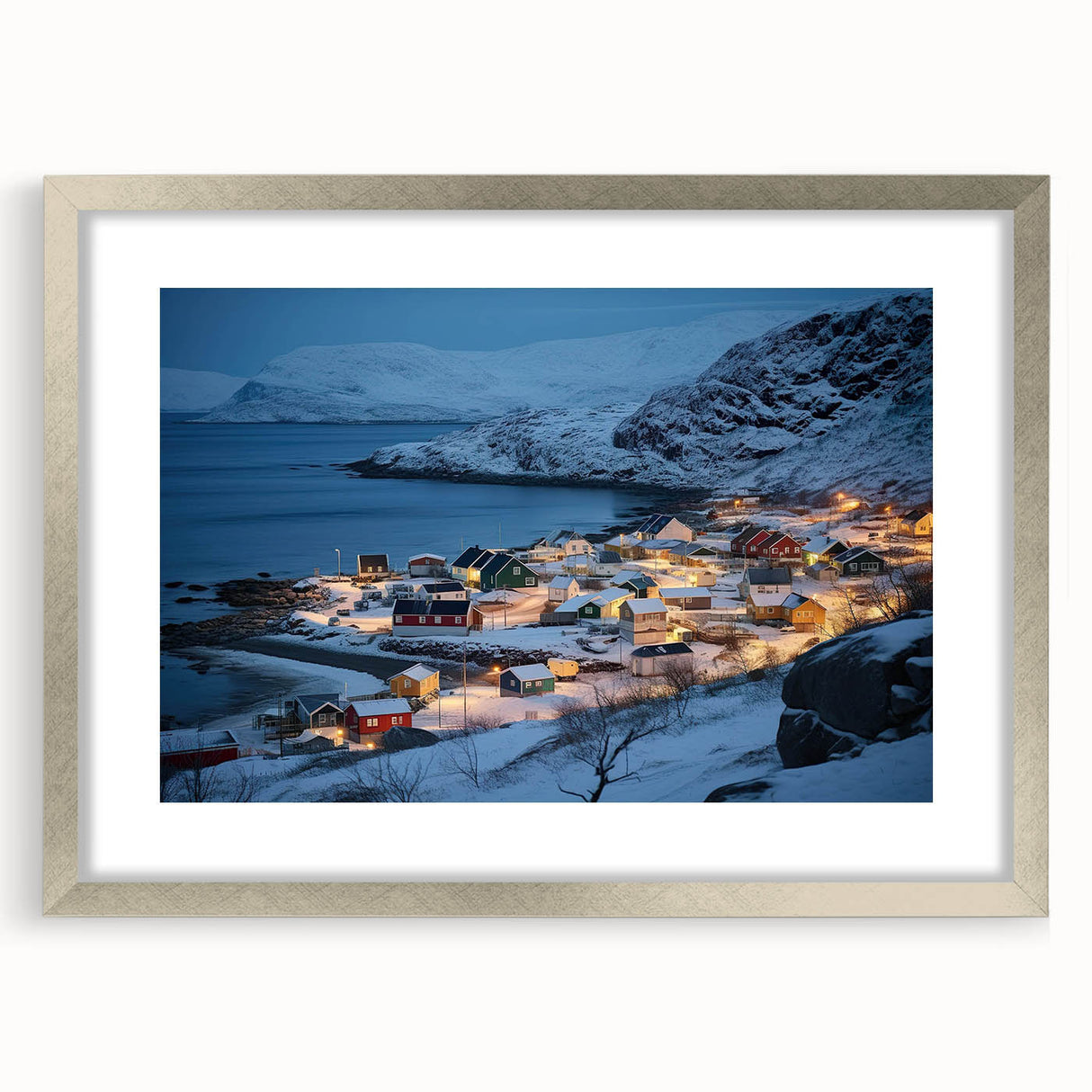 Framed silver wall art showcasing a serene harbor landscape, complete with a white mat for elegance, perfect for enhancing home decor with a coastal theme.