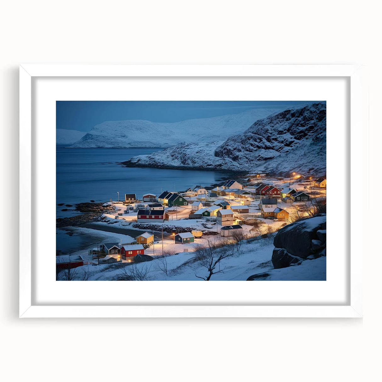 Framed landscape wall art featuring a serene harbor scene with soft blue and white tones, displayed with a white mat, perfect for coastal-themed decor.