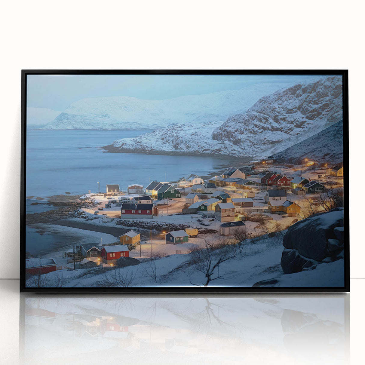 Framed acrylic wall art featuring a serene harbor landscape design, with vibrant colors and elegant black framing, perfect for enhancing any modern decor.