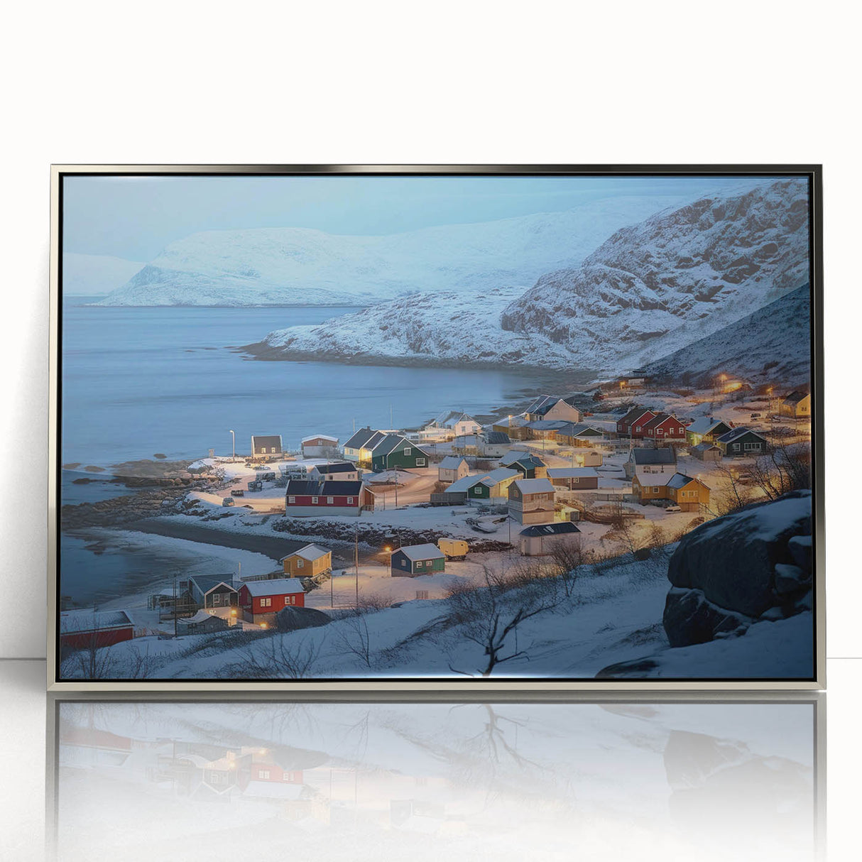 Framed acrylic wall art featuring a serene harbor landscape design with silver accents, perfect for enhancing modern home decor and adding a touch of elegance.