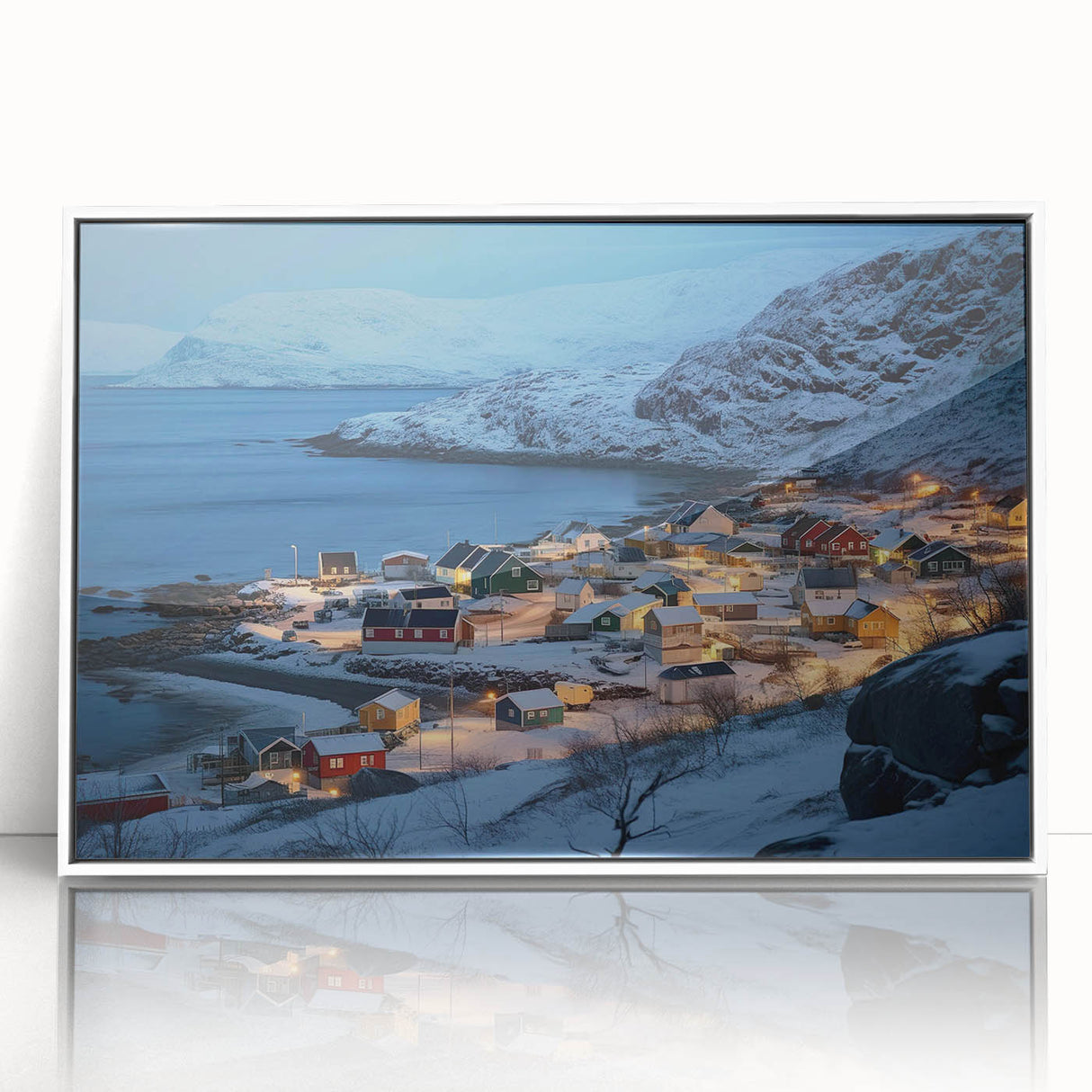 Framed acrylic wall art featuring a serene harbor landscape design in soft blues and whites, elegantly displayed with a white frame, perfect for modern home decor.