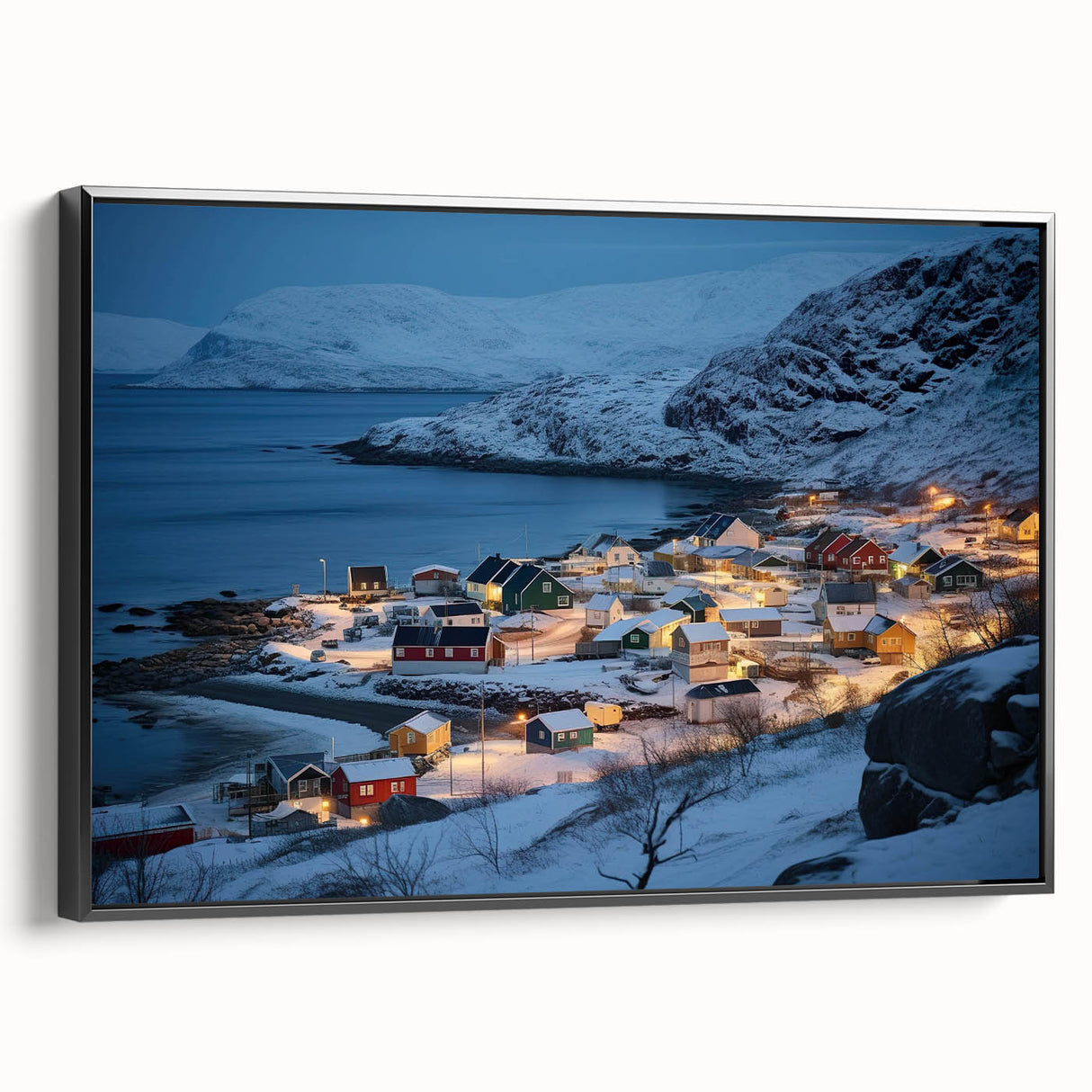 Framed canvas wall art showcasing a serene harbor landscape design, featuring vibrant colors and intricate details, presented in a sleek black frame for a modern aesthetic.