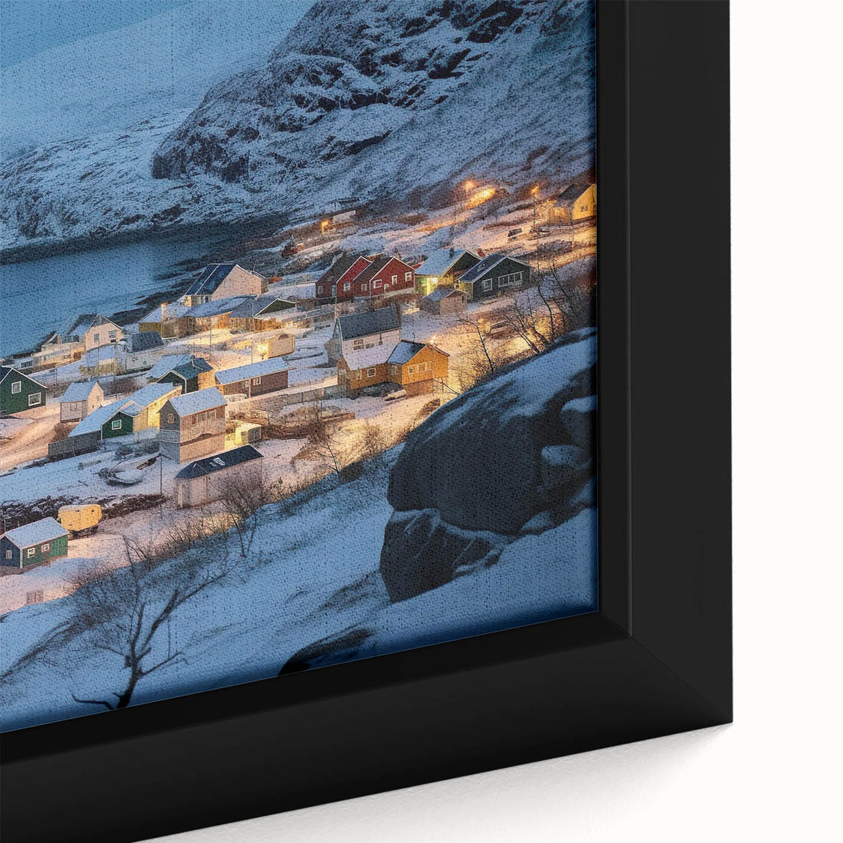 Close-up of a framed canvas showcasing a serene harbor landscape design, featuring calming blues and greens, perfect for home decor or office art collection.