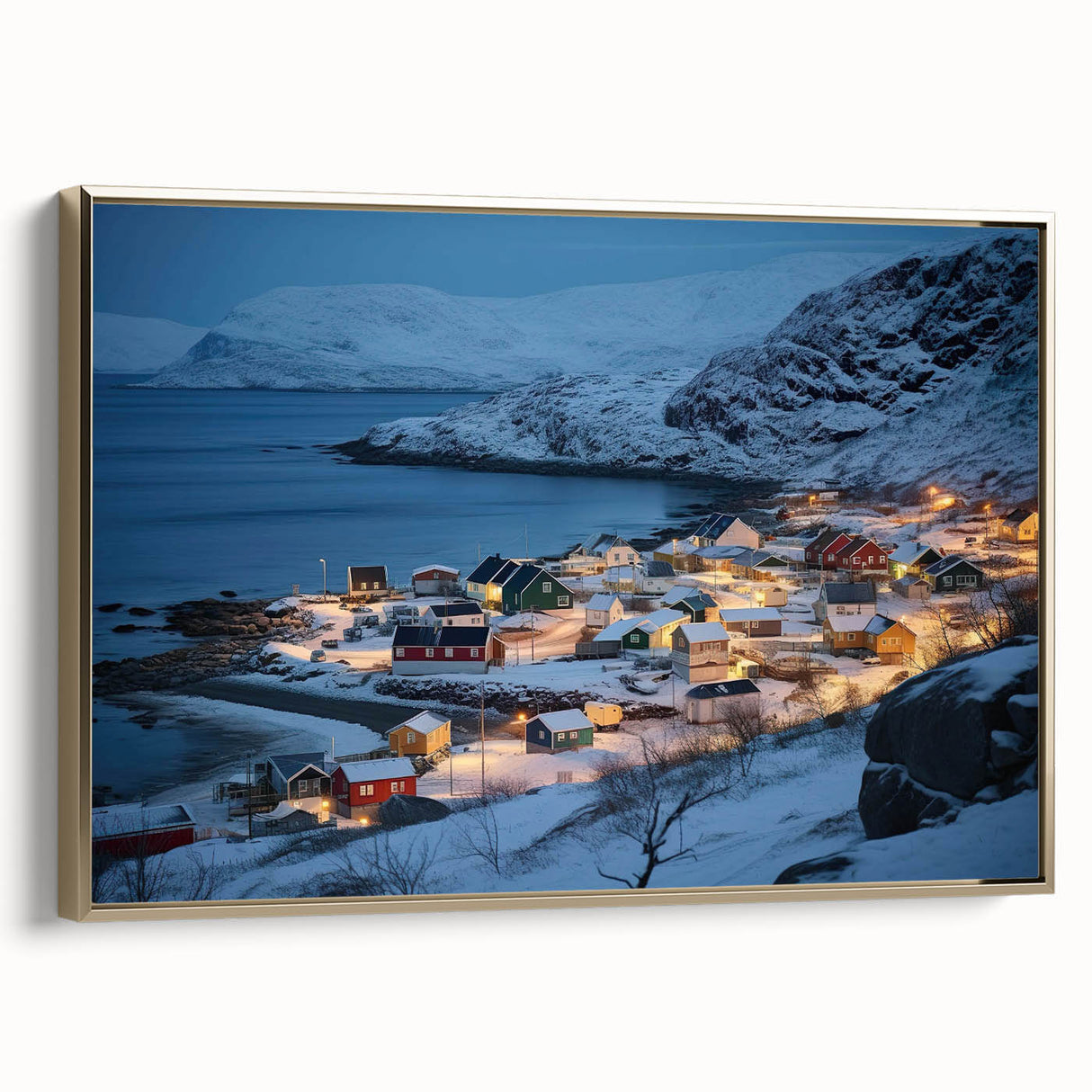 Framed canvas wall art depicting a serene harbor landscape with lush greenery and gold accents, ideal for adding elegance to home decor.