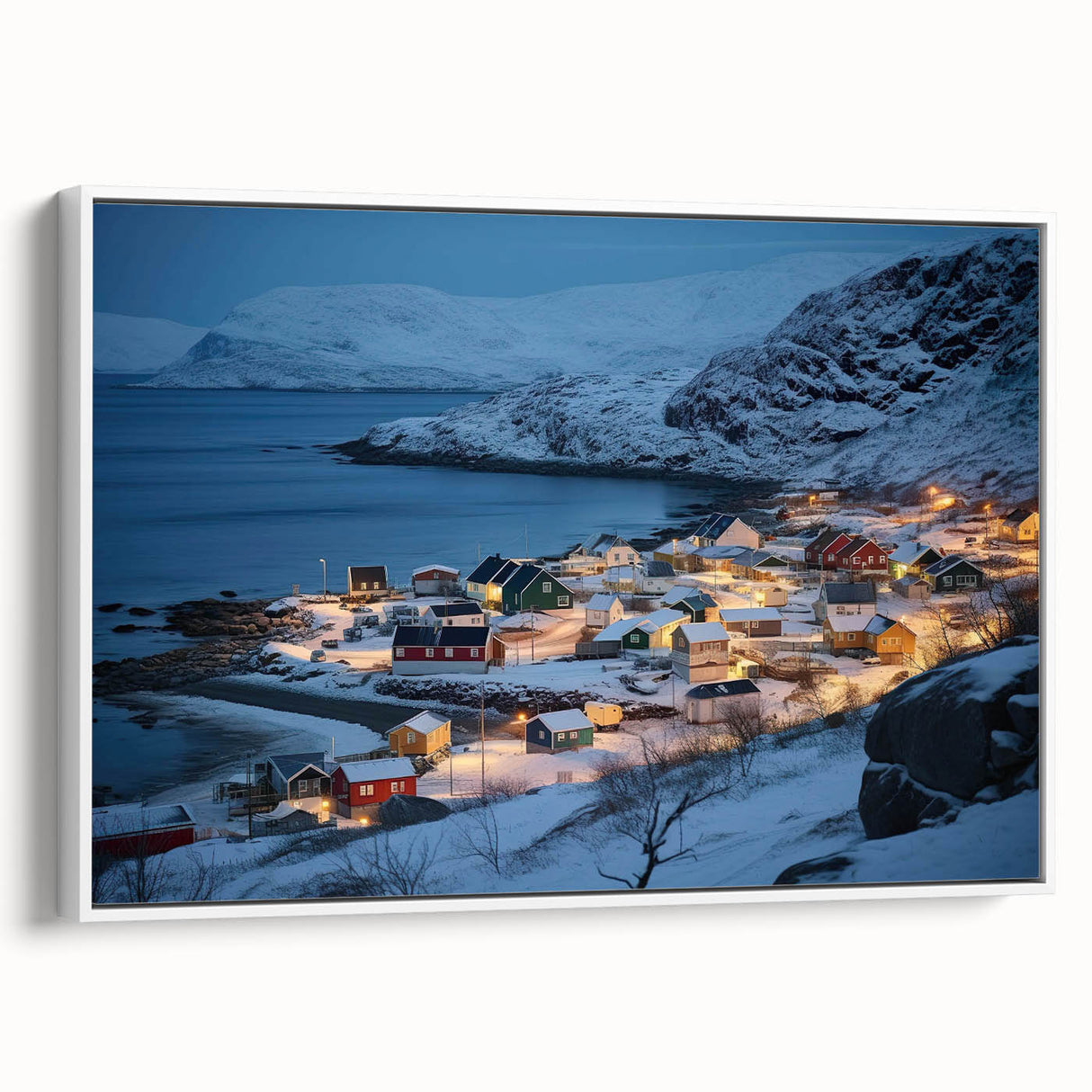 Framed canvas wall art showcasing a serene harbor landscape design in soothing blue and white tones, perfect for modern home decor.