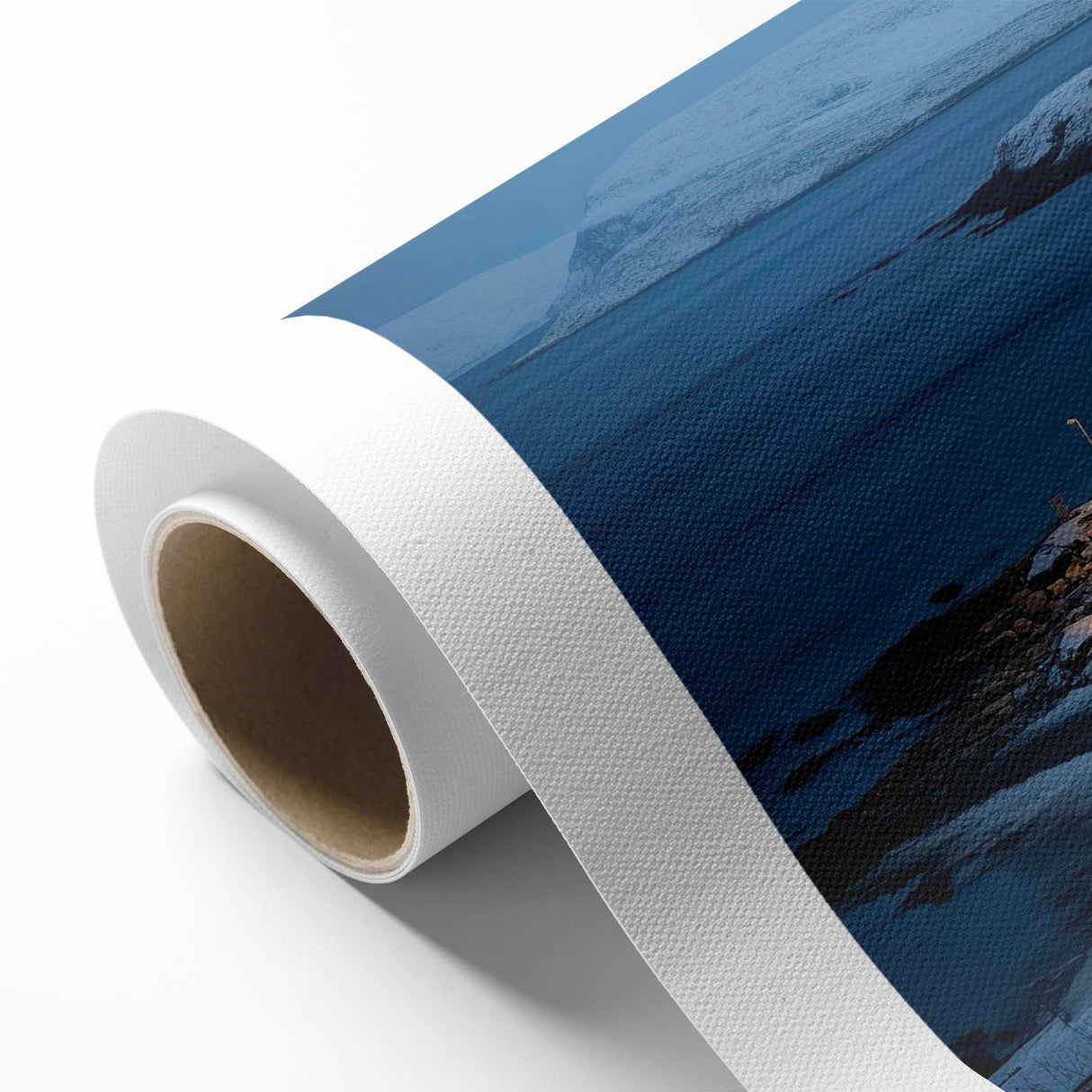 Rolled canvas artwork depicting a serene harbor landscape, showcasing vibrant blues and greens, ideal for home decor or artistic inspiration. The piece is carefully packaged in a protective tube, emphasizing its quality and craftsmanship.