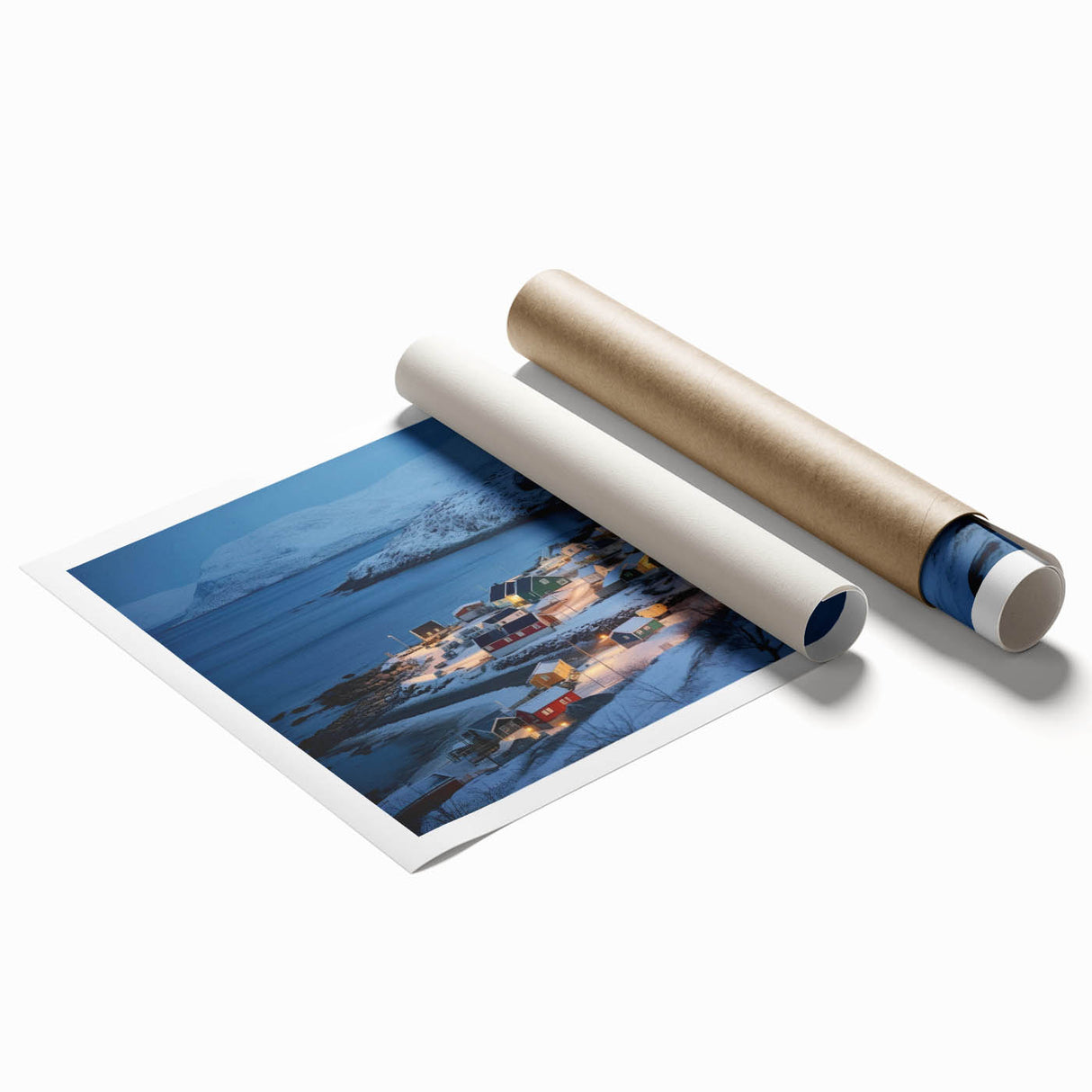 Rolled print of a serene harbor landscape design, showcasing vibrant colors and calm waters, perfect for home decor or office art collection.
