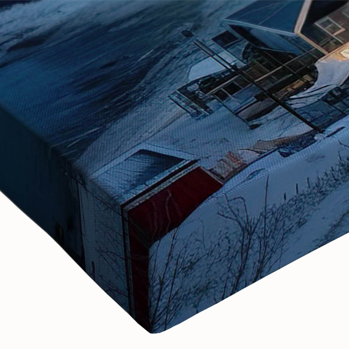 Close-up of a stretched canvas print showcasing a vibrant harbor landscape design, featuring rich blues and greens, perfect for modern home decor.