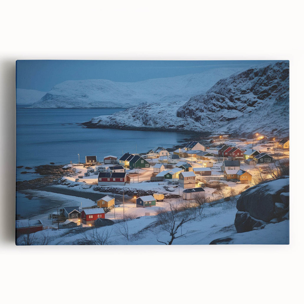 Stretched canvas wall art depicting a serene harbor landscape with soft blue and green hues, perfect for home décor, adding tranquility and elegance to any room.