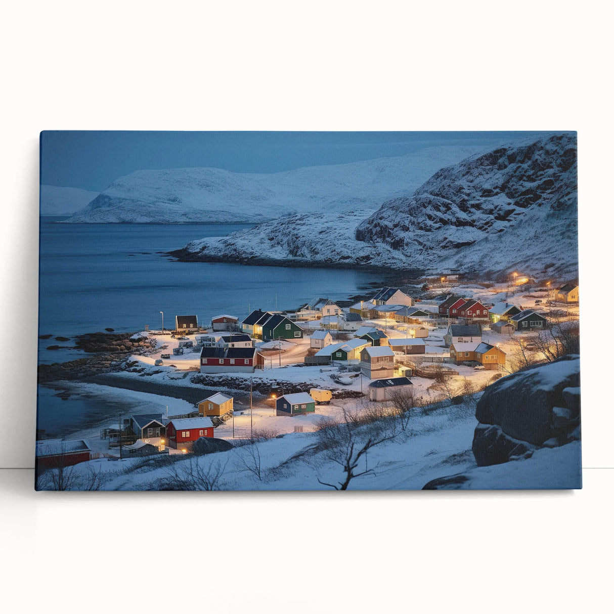 Stretched canvas wall art showcasing a serene harbor landscape design with vibrant colors and intricate details, ideal for home decor or art enthusiasts.