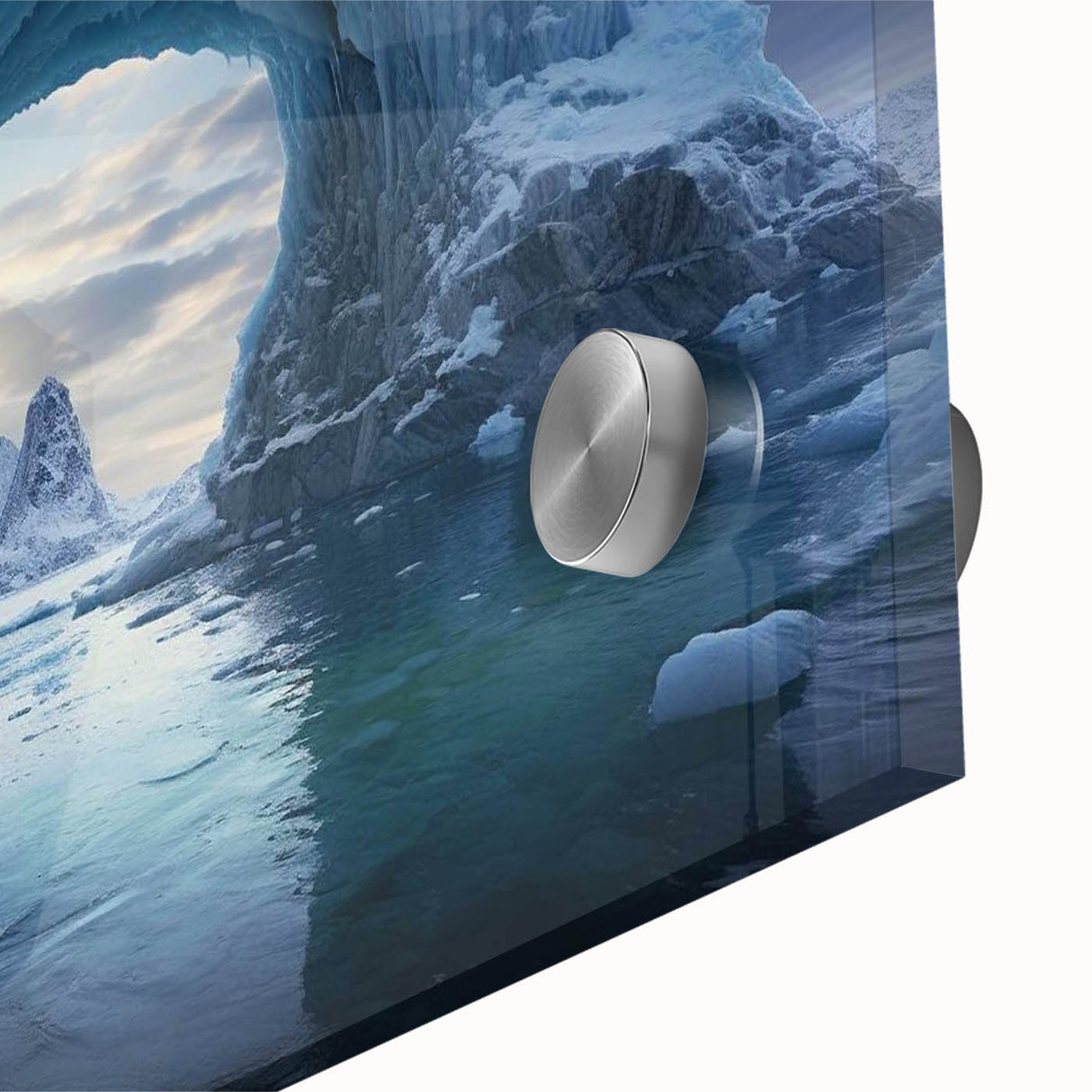 Close-up of a stunning acrylic wall art piece showcasing a colorful iceberg landscape design, featuring vibrant blues and whites, ideal for modern home decor.