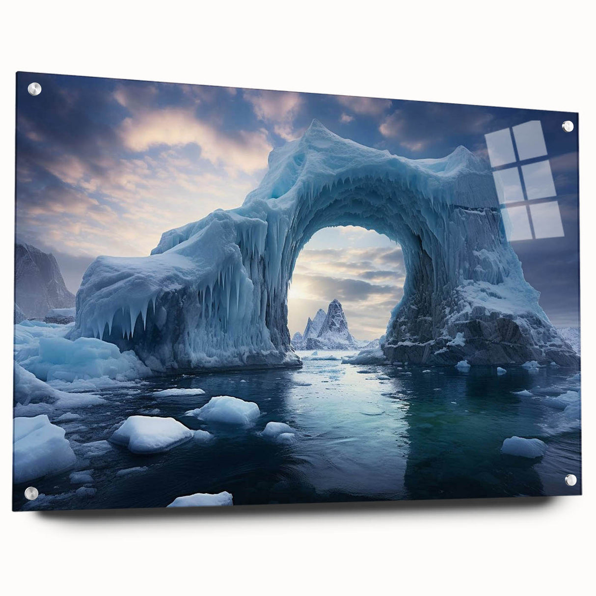 Acrylic glass wall art featuring a stunning iceberg landscape design, displayed in a side view with pins, ideal for modern home decor and interior styling.