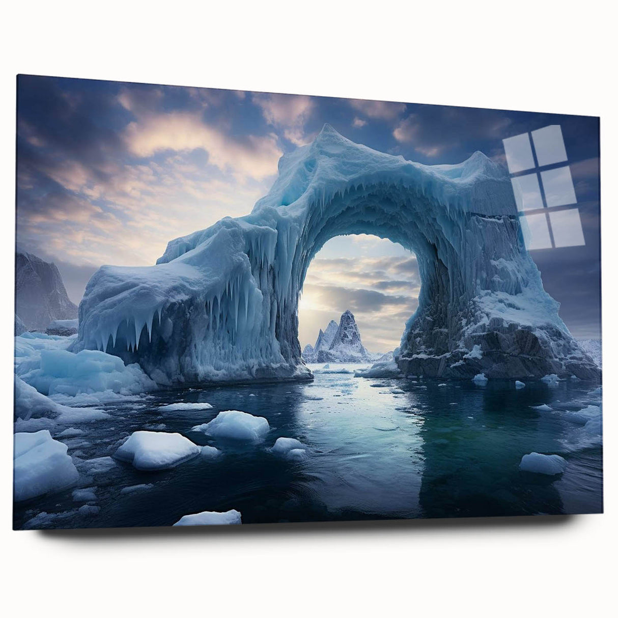 Side view of a stunning acrylic glass wall art piece showcasing a vibrant iceberg landscape design, ideal for modern interior decor. Perfect for adding a touch of nature to any room, this artwork emphasizes cool blue tones and intricate details, enhancing visual appeal and ambiance.