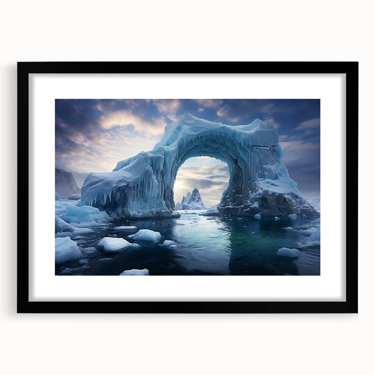 Framed black wall art showcasing a stunning iceberg landscape design, featuring a sleek mat for added elegance. Perfect for modern home decor or office spaces.